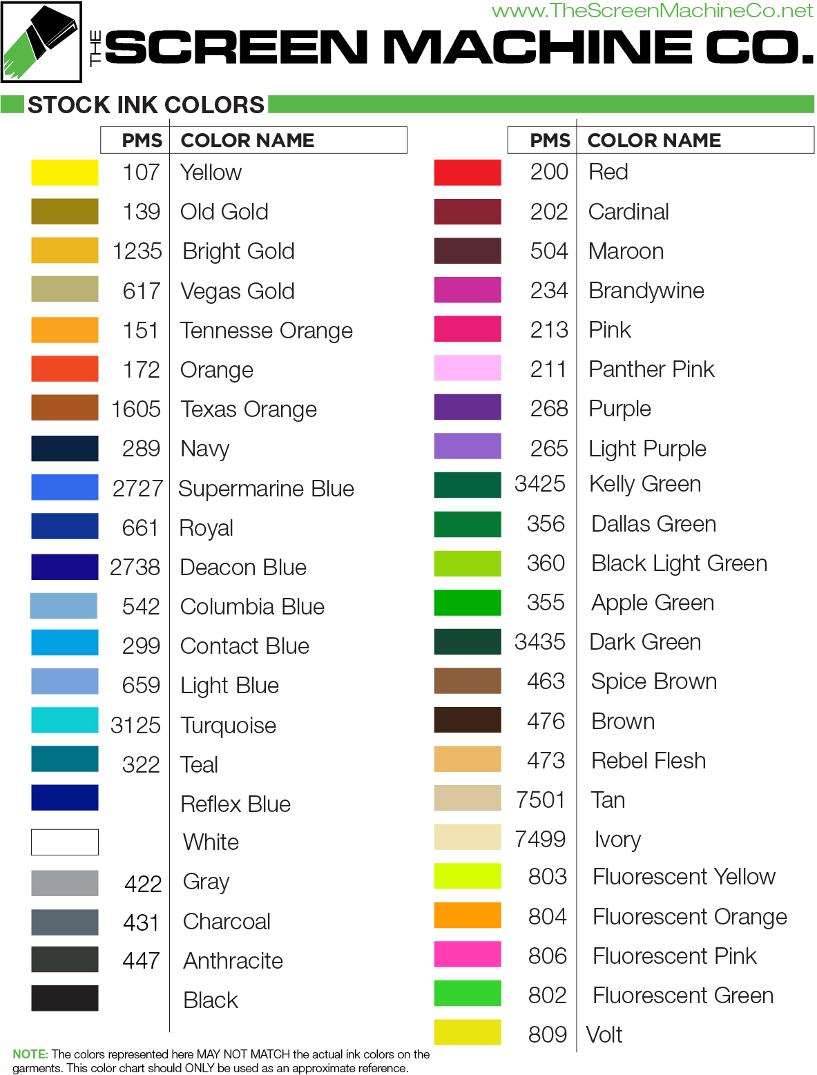 Screen Print Color Chart